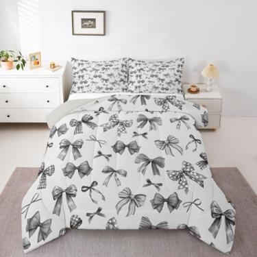 Imagem de jejeloiu Conjunto de cama com laço em aquarela, macio, para meninos e meninas, edredom com laço de coquete, tamanho solteiro, edredom de microfibra, laço fofo, decoração de quarto, 2 peças com 1