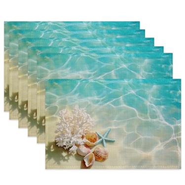Imagem de Jogo americano de mesa, conjunto de 6, jogo americano de tecido coral estrela-do-mar, praia, verão, oceano, praia, para decoração de cozinha, sala de jantar, tapetes de tecido antiderrapante 29 x 44