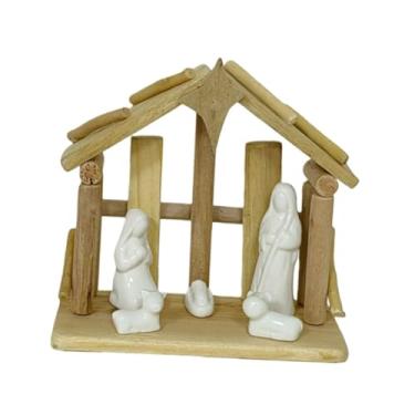 Imagem de Ｂｅｓｇａ Presépio de Natal Decorativo, Escultura Natalina Rústica, Estatueta da Sagrada Família com Manjedoura de Madeira para Centro de Mesa em Prateleira ou