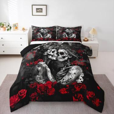 Imagem de Erosebridal Conjunto de cama king casal crânio de açúcar gótico romântico rosa vermelha, amantes de esqueleto branco gótico, edredom de plumas, coração de amor, cinza, preto para decoração de quarto