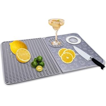 Imagem de Tapete de bar dobrável 3 em 1, tapete de coquetel de silicone com tábua de corte removível, tapete de secagem dobrável 45 x 30 cm, protetor de bancada para casa, viagem (cinza)