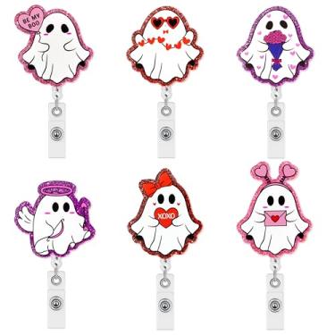 Imagem de Salovio Carretéis de crachá de fantasma de Dia dos Namorados - 6 peças retráteis de acrílico rosa vermelho porta-crachá fantasma fofo prendedor de identidade para enfermeira, médico, professor