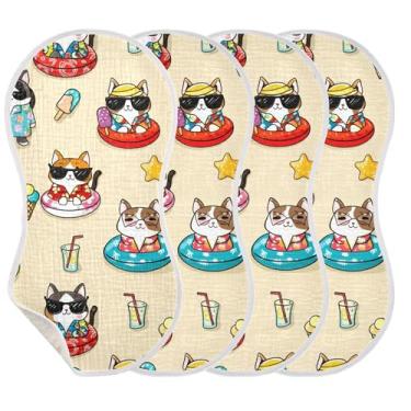Imagem de Burbuja Panos de musselina para bebês com desenho de gatos e cães, panos macios e absorventes de algodão para meninos e meninas recém-nascidos, pacote com 4
