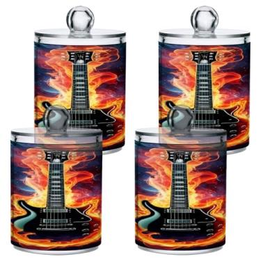 Imagem de STAYTOP 4 frascos de boticário Qtip para banheiro com etiquetas – Recipiente de armazenamento Qtip de plástico transparente acrílico para bola de algodão, cotonete, grão de café - guitarra em chamas