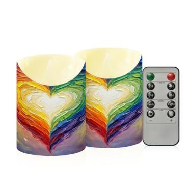 Imagem de Wassud Pacote com 2 velas sem chamas arco-íris corações dos namorados com controle remoto, velas realistas cintilantes com temporizador, velas decorativas para Natal, casamento, festa, decoração de