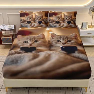 Imagem de AILONEN Jogo de lençol Queen adorável com tema de gatos de estimação com bolso profundo + 2 fronhas, 3 peças de lençol macio com estampa de gatinho kawaii para crianças, meninos e meninas