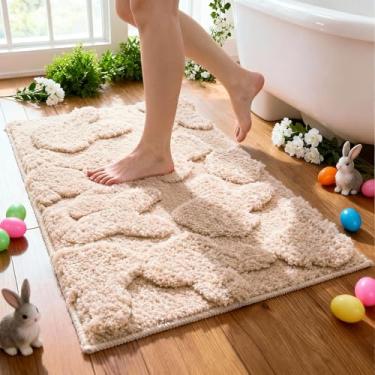 Imagem de Lyrow Tapetes de banheiro de Páscoa bege decorações coelhinho tapete de casa de banho tapete antiderrapante para porta da frente exterior decoração de casa, 73 x 43 centímetros