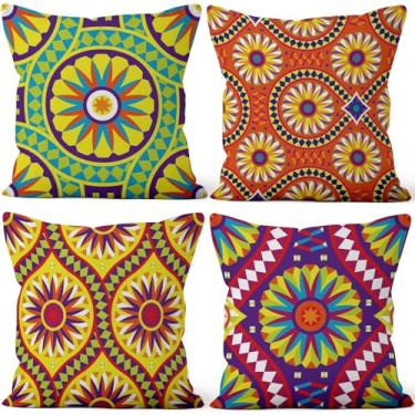 Imagem de Vie Savaran Conjunto de 4 fronhas boêmias, 40,64 cm x 40,64 cm, fronha decorativa para casa, floral, vintage, para sofá-cama, cadeira, sala de estar, fazenda, ambientes internos e externos