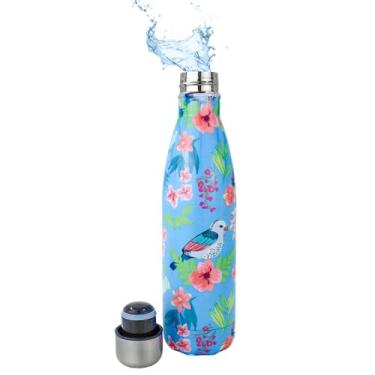 Imagem de Garrafa Térmica Floral, Aço Inoxidável, 500ml, Isolamento Duplo a Vácuo, Design Pássaro e Flores, Tampa Rosqueável, 27cm x 7cm, Azul e Rosa