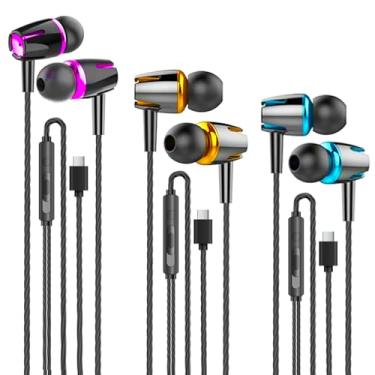 Imagem de Pacote com 3 fones de ouvido USB C com fio para iPhone 17/17 Pro Max/17 Pro/16 Pro max/15 pro max, fones de ouvido intra-auriculares, estéreo, tipo C, microfone embutido e controle de volume para