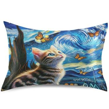 Imagem de Lindo gatinho noite estrelado gato cetim fronha king queen padrão fronha linda estampa refrescante fronha capa de cama king size, 101,6 cm x 50,8 cm