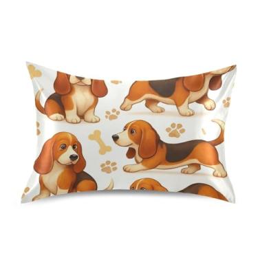 Imagem de Fronhas de cetim bacanas desenho animado Basset Hound Dog Standard Queen King Fronhas arte fofa refrescantes fronhas de cama para cabelo tamanho padrão 66.0 cm x 50.8 cm