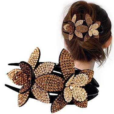 Imagem de Grampo de garra de cabelo bico de pato com strass cintilante flor dupla presilhas para mulheres meninas champanhe café G