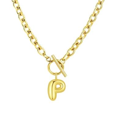 Imagem de Fiiuos Colar com inicial para mulheres, banhado a ouro 18 K, delicada, com pingente de letra bolha personalizada, corrente de elos grossos de clipe de papel com fecho de botão minimalista, joias de