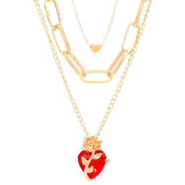 Imagem de WCRAZYE Colar feminino com coração de rosa vermelha, vintage, gótico, vermelho, coração, dia dos namorados, presente de aniversário, Medium, Liga de aço, Zircônia cúbica