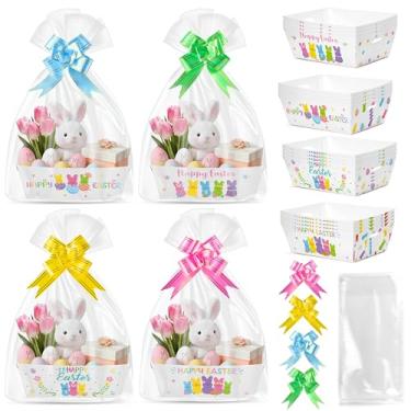 Imagem de OSNIE Bolsa de presente de coelhinho da páscoa cestas vazias – 24 conjuntos de cesta colorida de coelhinho de ovo de Páscoa para presentes vazios com sacos de celofane e laços de fitas em 4 estilos de