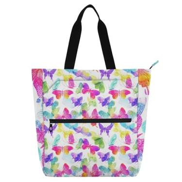 Imagem de GAIGEO Bolsa de trabalho com borboletas coloridas arco-íris para mulheres, bolsa escolar de lona com zíper, bolsa feminina infantil com compartimentos