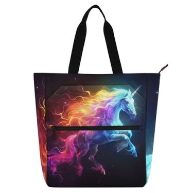 Imagem de GAIGEO Bolsa de trabalho feminina colorida com cavalo arco-íris unicórnio bolsa de lona para livro de praia com zíper linda bolsa infantil com compartimentos