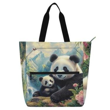 Imagem de Bonito filhote panda primavera paisagem bolsas de trabalho para mulheres sacola de lona praia escola bolsa reutilizável amantes de livros presentes