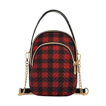 Imagem de GAIGEO Bolsa tiracolo feminina com textura tartã verde e preta, bolsa tiracolo moderna com corrente dourada, Xadrez vermelho e preto - 1, One Size