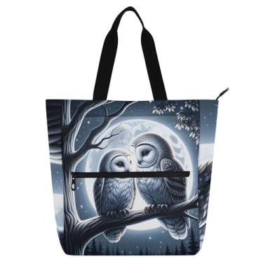 Imagem de GAIGEO Bolsa feminina de trabalho com estampa de coruja com estampa de pássaros, bolsa escolar de lona com zíper, bolsas de viagem, amantes de livros
