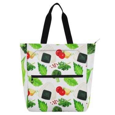 Imagem de GAIGEO Bolsa feminina para trabalho com bolas de arroz e vegetais, bolsa de lona para livros de praia, bolsa carteiro com zíper e compartimentos