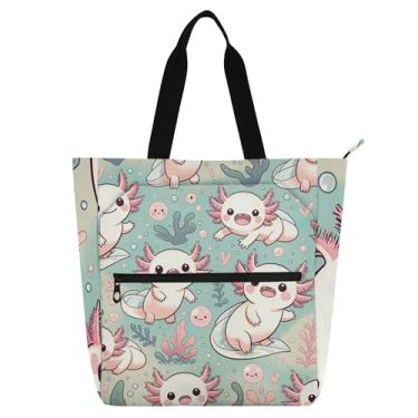 Imagem de GAIGEO Lindos desenhos animados axolotls bolsas de trabalho para mulheres bolsas de lona escola universitária bolsas infantis presente fofo para amantes de livros bolsas