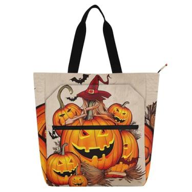 Imagem de GAIGEO Sacola feminina de bruxa de abóbora de Halloween para trabalho, lona, praia, escola, bolsa utilitária, bolsa infantil com compartimentos
