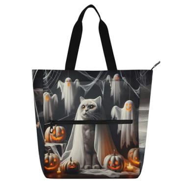 Imagem de GAIGEO Bolsa de ombro divertida de gato fantasma de Halloween para crianças, mulheres, trabalho, escola, livro, zíper, média, lona