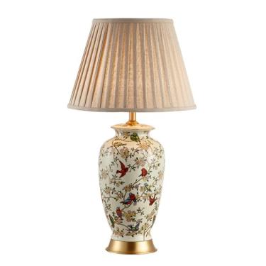 Imagem de Abajur de mesa estilo Chinoiserie com pintura de flores e pássaros, ideal para cabeceira, quarto, sala de estar, escritório ou faculdade. Abajur de mesa em cerâmica com efeito de estante.