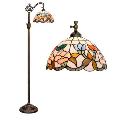 Imagem de Luminária de chão estilo Tiffany com vitral em arco, 30x45x160 cm, haste flexível ajustável, luminária de canto para leitura, decoração para quarto e sala de estar, estampa floral.