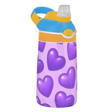 Imagem de Garrafa de água infantil Cartoon Purple Hearts 473 ml à prova de vazamento garrafa de água esportiva com tampa de canudo 473 ml copo infantil reutilizável Tritan portátil, alça de transporte