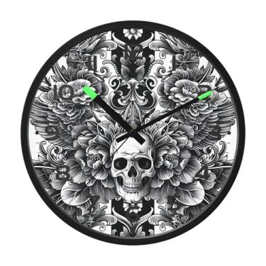 Imagem de SEHANY Relógio artístico de parede de caveira silencioso, sem tique-taque, relógio redondo operado por bateria, controle de som, luz noturna, relógios de parede para sala de estar, cozinha, quarto