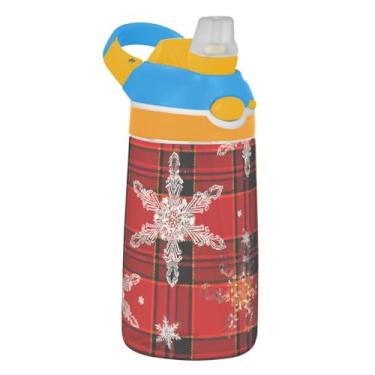 Imagem de Garrafa de água esportiva infantil Tritan de 473 ml com tampa de palha, garrafa de água reutilizável para escola, copo infantil portátil de 473 ml, alça de transporte, flocos de neve, xadrez vermelho