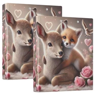 Imagem de Veado Raposa Amizade Romântica 3 Anéis Fichários de 3 Polegadas Comporta 200 Folhas Lindas Pastas Portfólio Floral Anel Redondo Fichário de Escritório, 31,5 x 27 x 6 cm, 1 Pacote