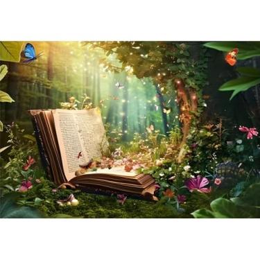Imagem de Nihilar Pano de fundo de floresta encantada de 2,1 x 1,5 m, madeiras mágicas com borboletas, flores e fundo de livro antigo, para festas de contos de fadas, eventos infantis, decorações de festa de