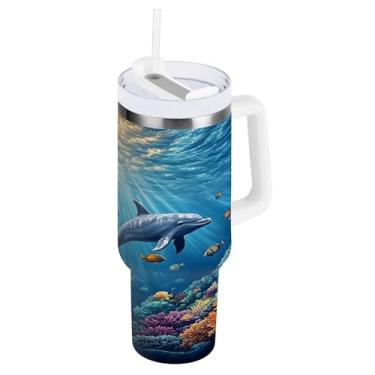 Imagem de WEIYEKO Copos isolados de coral, recifes, golfinhos, peixes, oceano, com tampa e alça de palha, copo de água de aço inoxidável, 1,134 g, copo a vácuo de café, viagem para carro, casa, escritório