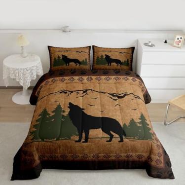 Imagem de Feelyou Conjunto de edredom Queen com lobo, rústico, cabana rústica, para crianças, meninos, meninas, animais da floresta, decoração de quarto asteca, 3 peças, com 2 fronhas