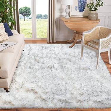 Imagem de Goolela Tapetes felpudos laváveis, 20 x 25 cm, pontas brancas e cinzas, tapete felpudo de pele sintética para sala de estar, tapete felpudo de pele de carneiro para quarto, dormitório, grande tapete de pelúcia para decoração de casa, retangular