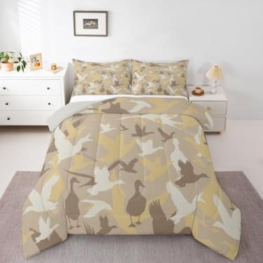 Imagem de Feelyou Jogo de cama Queen com estampa de pato camuflado de caça, para meninos, crianças, adolescentes, fazenda, animais selvagens, animais selvagens, marrom amarelo, camuflagem, com 1 edredom e 2