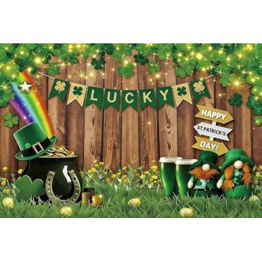 Imagem de XMJJKUF Fundo fotográfico de parede de madeira para Dia de São Patrício, 3 x 2,4 m, vinil, trevo irlandês, verde, leprechaun, moedas douradas, fundo arco-íris, trevo da sorte, festival irlandês