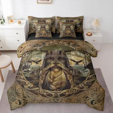 Imagem de Erosebridal Jogo de edredom vintage nórdico viking queen com mitologia nórdica antiga em uma bolsa com lençol de cima e lençol com elástico, jogo de cama de 7 peças, nórdico misterioso, conjunto de