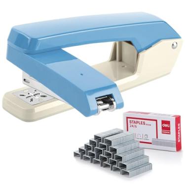 Imagem de Deli/EZWORK Grampeador giratório de braço oscilante, capacidade para 25 folhas, grampeadores de mesa de rotação de 360 graus com 1000 grampos para encadernação de livreto ou livro, azul + branco