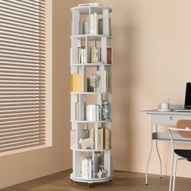 Imagem de IUNVR Estante de 6 andares, estante giratória de madeira maciça de 360° com rodas giratórias, prateleira de livros de chão para espaços pequenos, estante de canto para escritório, sala de estudo