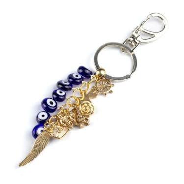 Imagem de Chaveiro Olho Grego Cachos Azul Escuro e Dourado 12cm Murano - Lua Mís