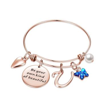 Imagem de Pulseiras com pingente inicial para mulheres joias presentes Be Your Own Kind of Beautiful Pulseira de borboleta expansível inspiradora de aço inoxidável letra A-Z presentes de aniversário e Natal