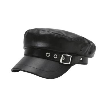 Imagem de Boina Feminina De Couro Cor Sólida Retrô Com Topo Plano, Chapéu De Pes