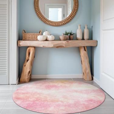 Imagem de jinchan Tapete redondo de 1,2 m sonhador abstrato lavável bonito tapete de entrada antiderrapante elegante rosa pêssego tapete redondo macio baixo perfil artístico efeito nuvem tapete para dormitório