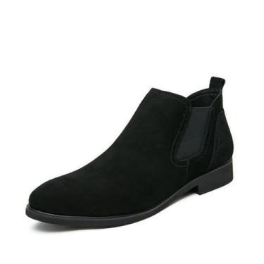Imagem de Chelsea Botas masculinas casuais confortáveis sem cadarço camurça couro PU botas de cano curto elegantes para trabalho masculino, Preto, 40