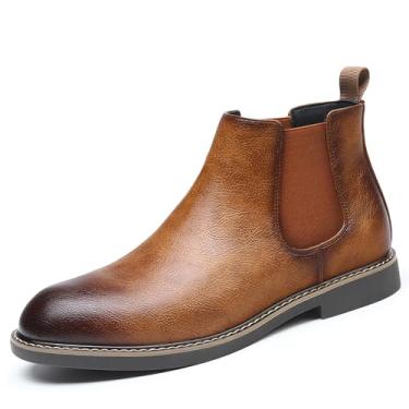 Imagem de Chelsea Botas masculinas casuais confortáveis sem cadarço, cano baixo, bico redondo, couro PU, elegante, cano alto, sapatos de trabalho, Marrom, 38 BR